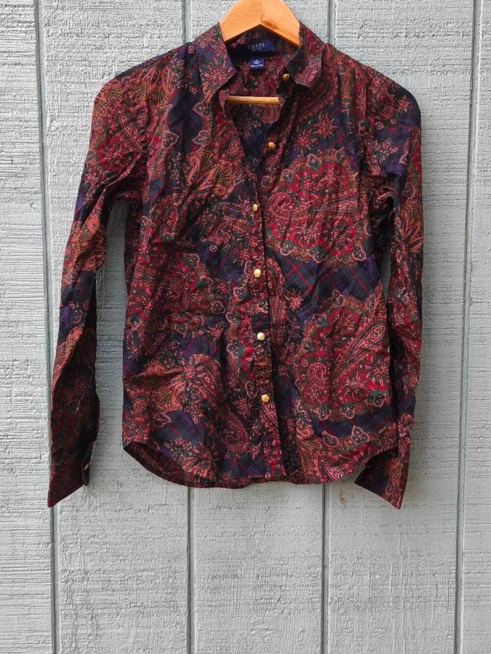 RL Chaps 100% Cotton Paisley Crested Button Down Top sz S Navy Red Preppy